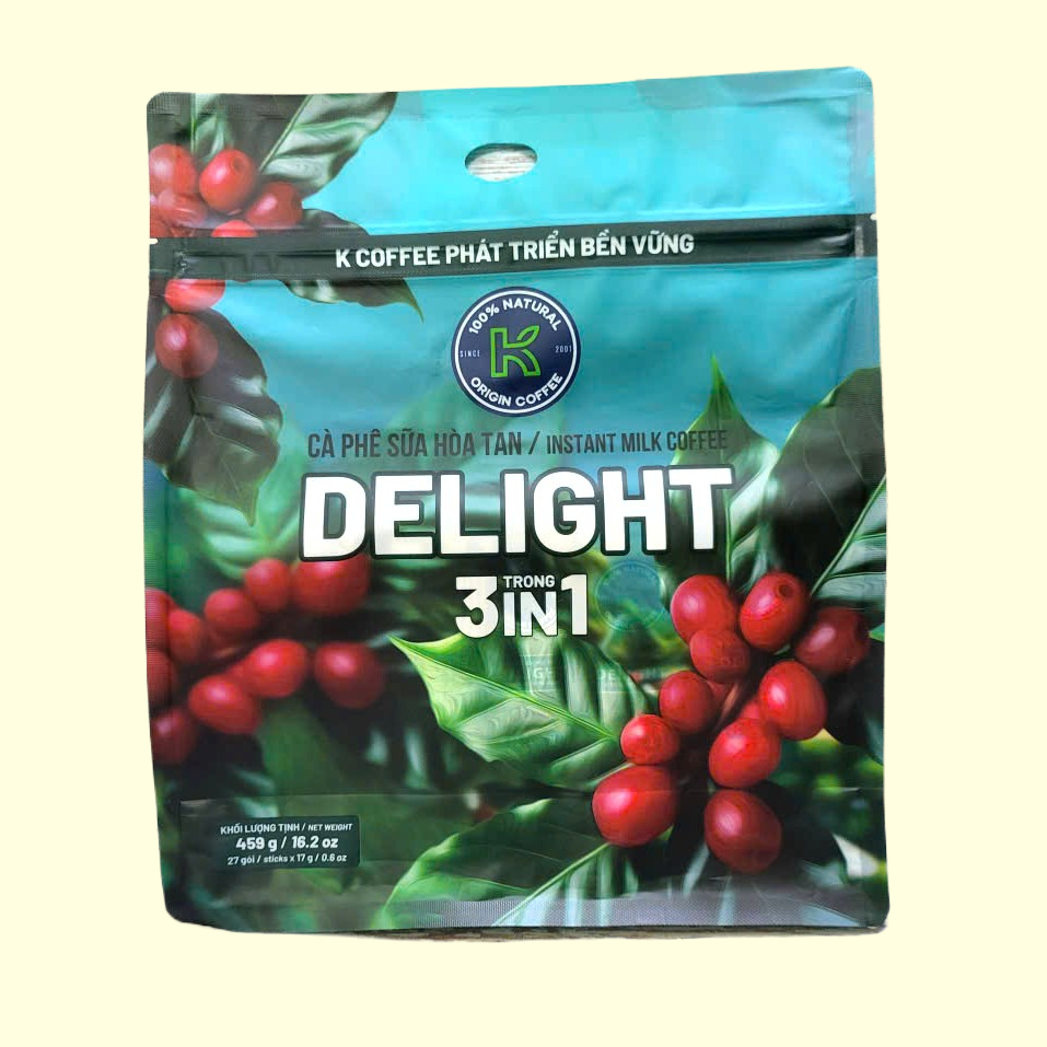 Túi DELIGHT 459gr / 27 gói + CÀ PHÊ SỮA HÒA TAN K COFFEE 3 in 1 Instant Milk Coffee