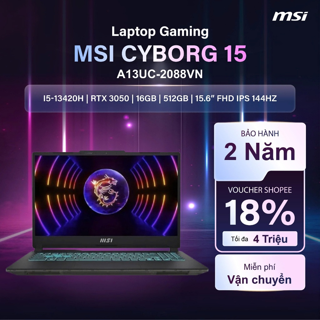 Laptop MSI Cyborg 15 A13UC-2088VN (i5-13420H | RTX 3050 | 16GB | 512GB Windows 11 Home)