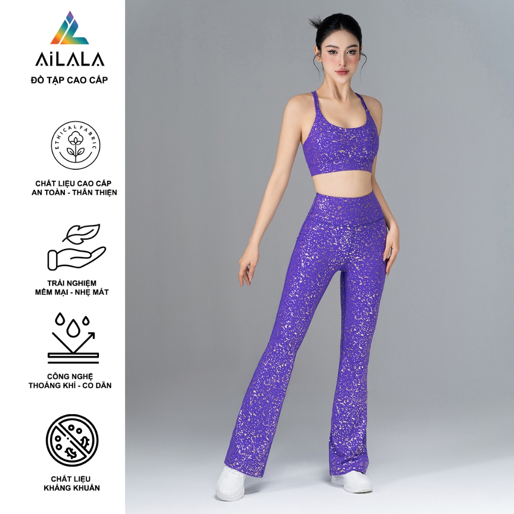 Set Đồ Tập Yoga Gym AiLALA LUX99A, Kiểu Áo Đan Dây Kèm Đệm Ngực, Quần Loe Cạp Cao