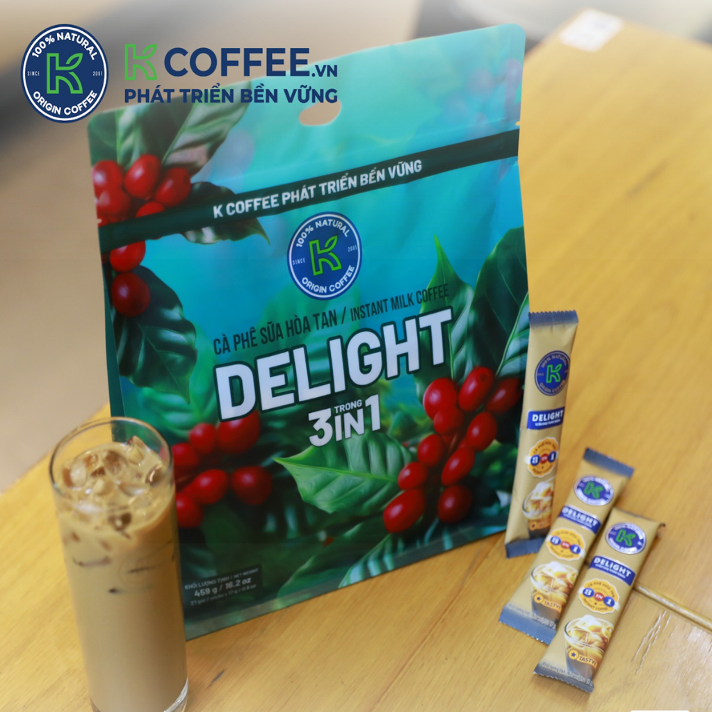 [Túi DELIGHT 459gr / 27 gói ] CÀ PHÊ SỮA HÒA TAN K COFFEE 3 in 1 Instant Milk Coffee