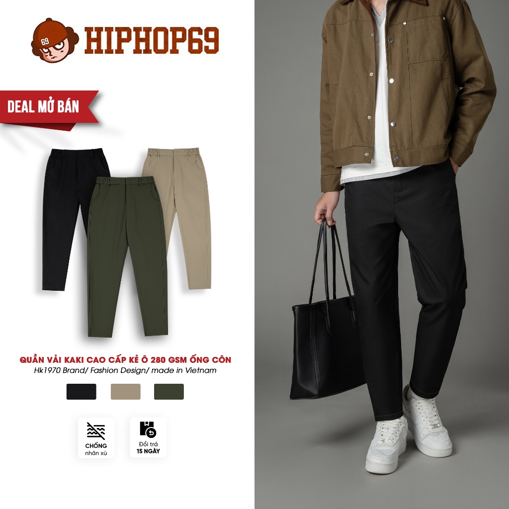 Quần Kaki Nam Ống Côn Vải Kaki 280GSM Kẻ Ô 280GSM Không Nhăn Xù Bai Nhão, Phong Cách Vintage Q228