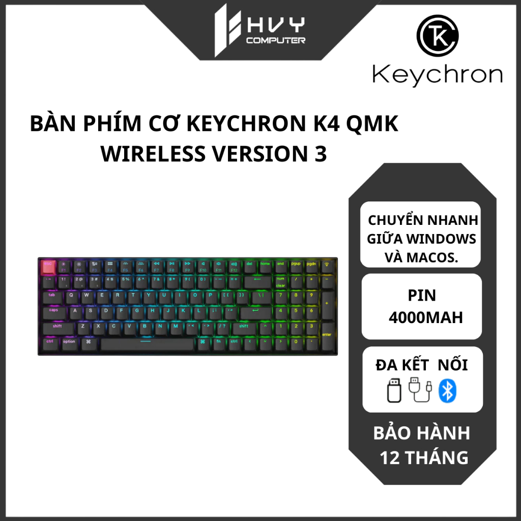 Bàn phím cơ không dây Keychron K4 v3 QMK RGB | Khung nhôm, Pin 4000mAh - Hàng chính hãng