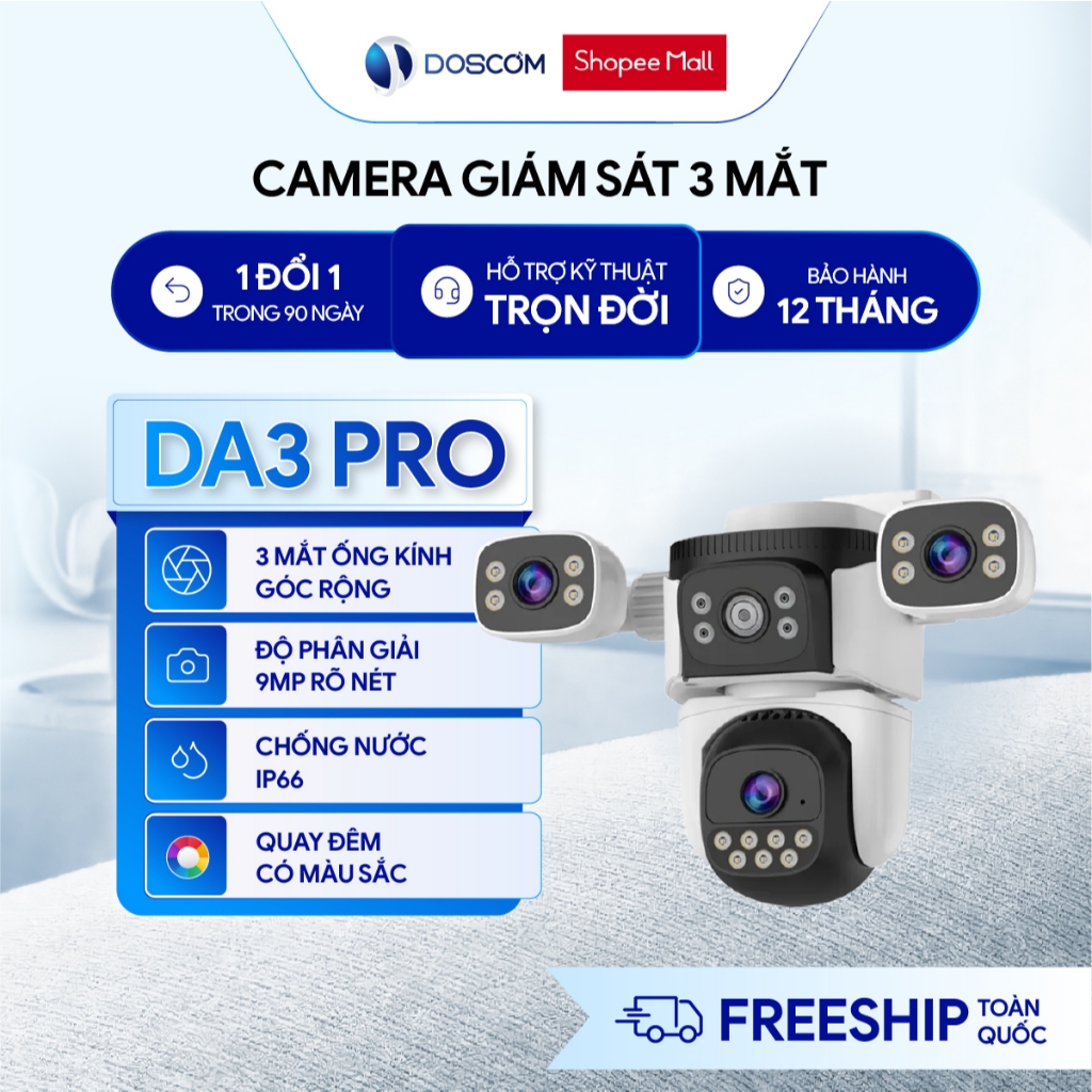 Camera Wifi Ngoài Trời 3 Mắt DOSCOM DA3 Pro – Camera Giám Sát 360° Xoay Toàn Cảnh, Đàm Thoại 2 Chiều