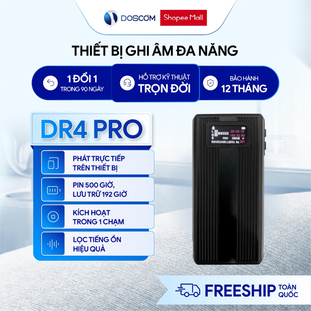 Máy Ghi Âm Chuyên Nghiệp DOSCOM DR4 Pro Pin 500 Giờ - Chip Thế Hệ Mới 2025 Lọc Tiếng Ồn Thông Minh