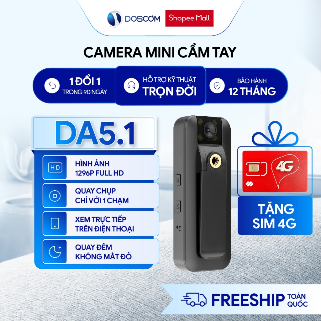 Camera 4G cài áo DOSCOM DA5.1 góc xoay 180° siêu rộng, quay đêm hồng ngoại hình ảnh rõ nét
