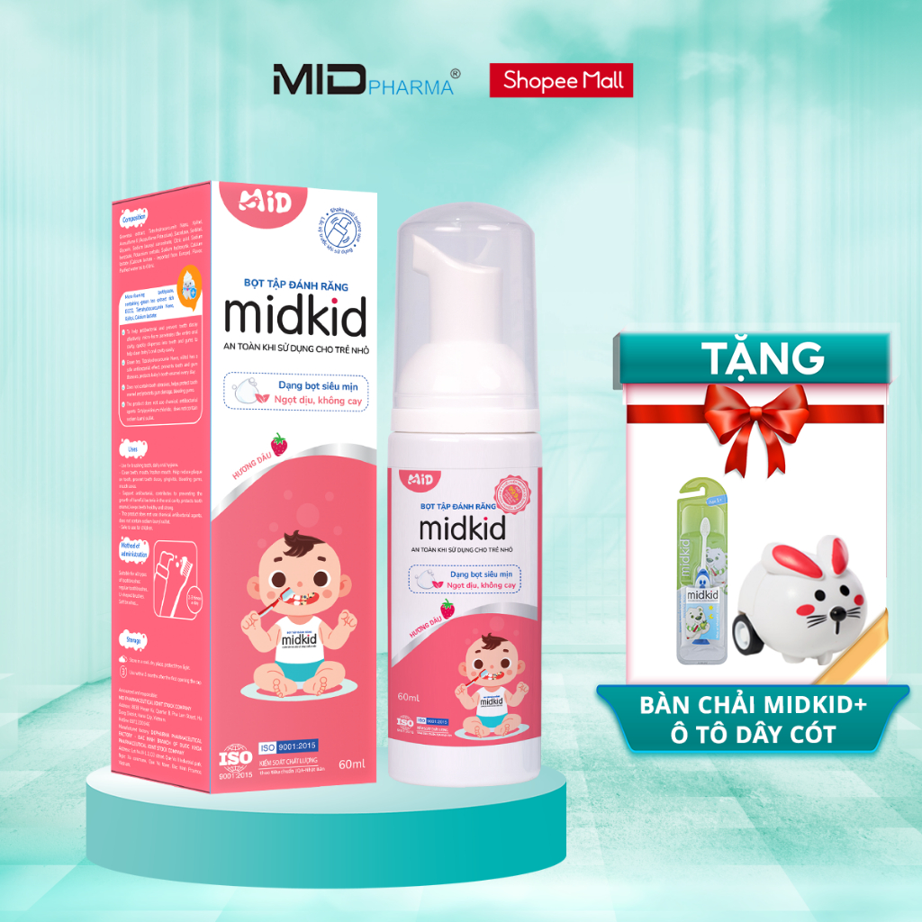 Bọt tập đánh răng Midkid vị Dâu 60ml ngọt thơm cho bé từ 1 tuổi không cay không Fluoride, bọt mịn ta