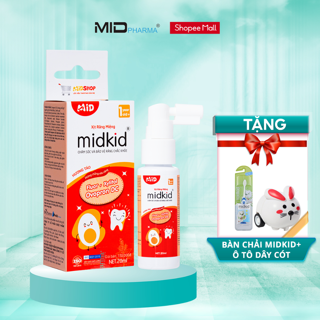 Xịt chống sâu răng MIDKID vị Táo 20ml cho bé từ 1 tuổi giúp làm sạch thơm miệng loại bỏ mảng bám ố vàng, bảo vệ men răng