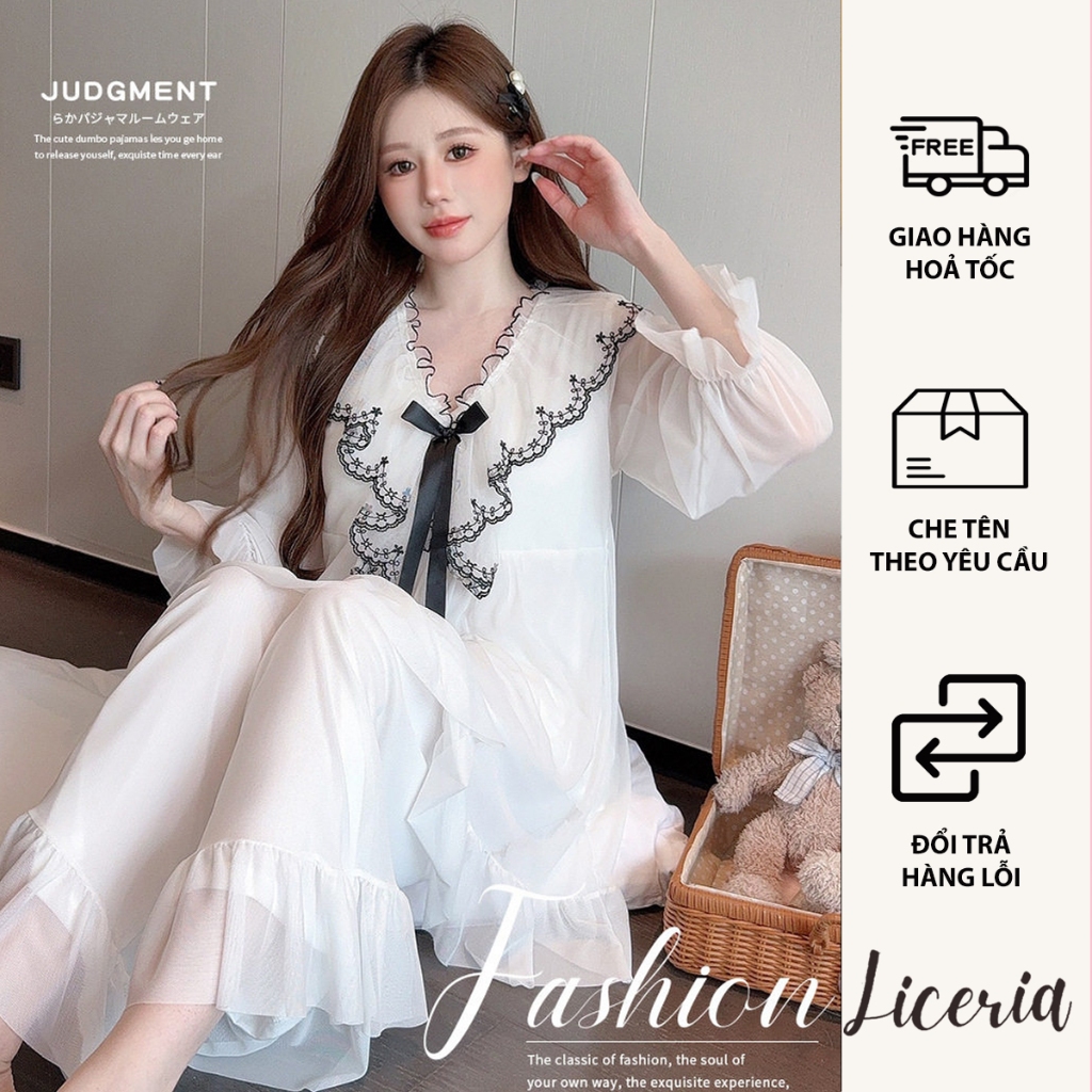 Đầm Ngủ LICERIA 3605 Phong Cách Cung Điện Chất Voan Lưới Cổ V Phối Bèo Nơ Có Đệm Ngực Mặc Nhẹ Mát.