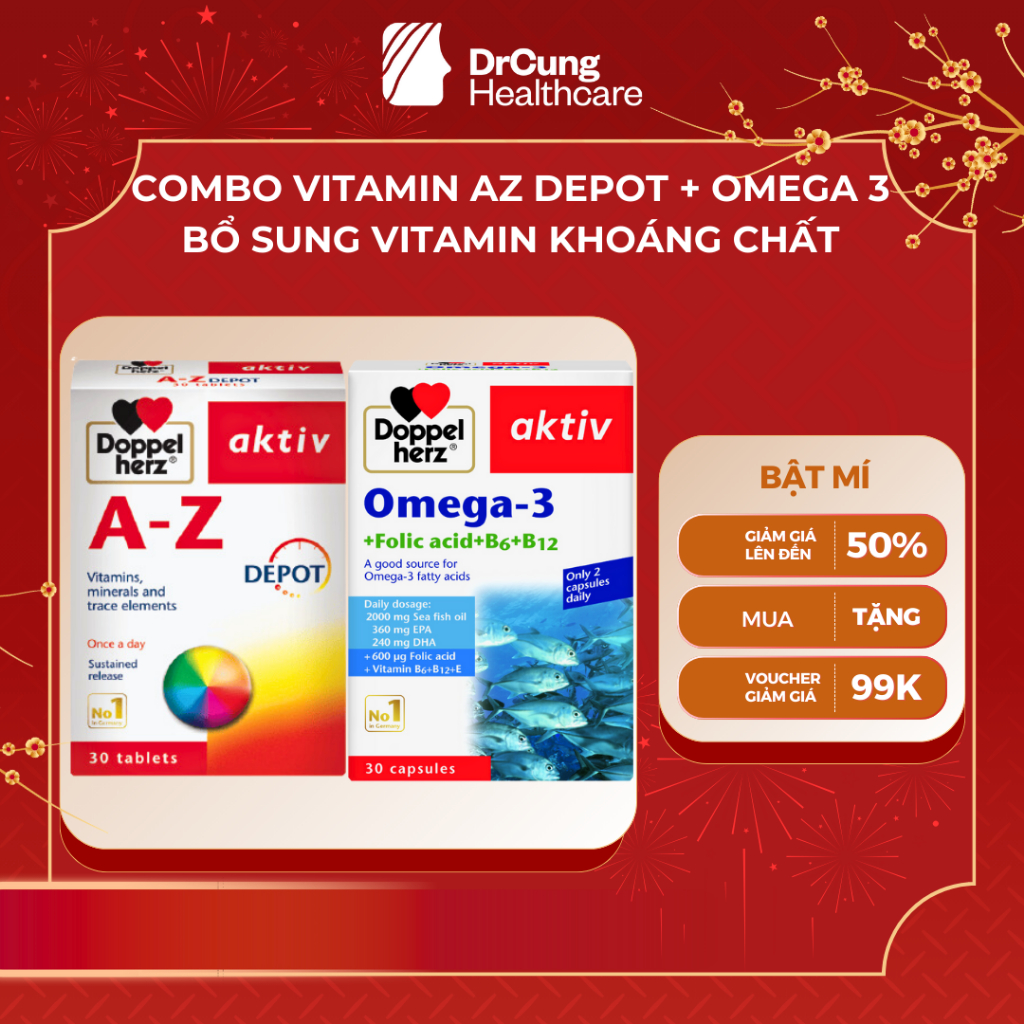 COMBO 2 HỘP AZ Depot, Omega 3 DoppelHerz - Bổ Sung Vitamin, Tăng Sức Đề Kháng, Tăng Cường Thị Lực Dr