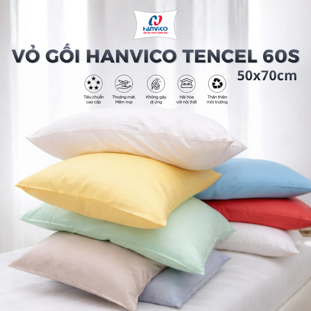 Vỏ gối Lụa Hanvico Tencel 60s trơn màu 50x70cm,áo gối 100% Tencel 60s cao cấp, chất lượng,chính hãng