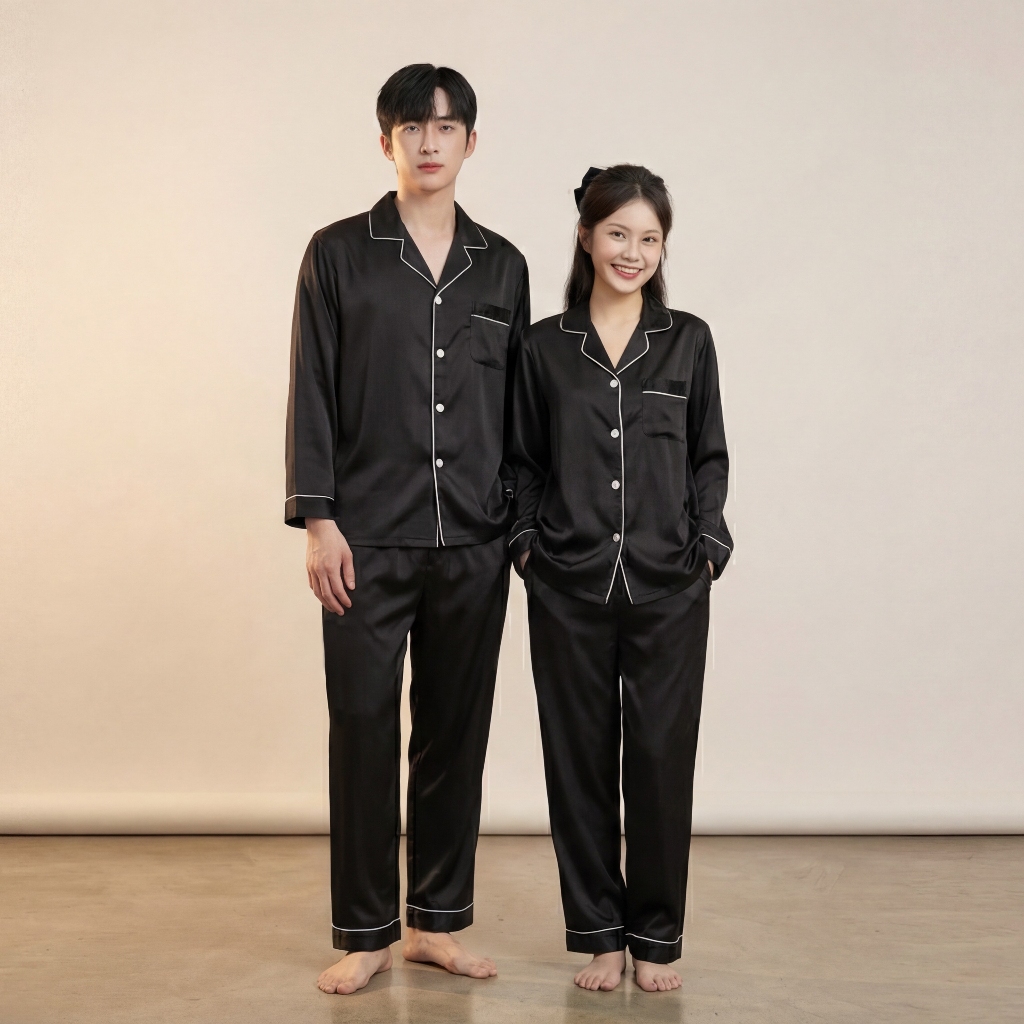 Bộ Pijama Nam Nữ, Bộ Đồ Ngủ Dài Tay Chất Liệu Vải Lụa Satin Cao Cấp THE1997