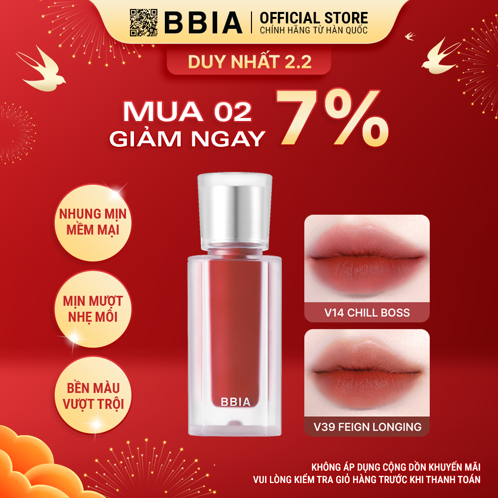 Son kem nhung thuần chay, nhẹ môi BBIA Last Velvet Tint Re-new Version 5g