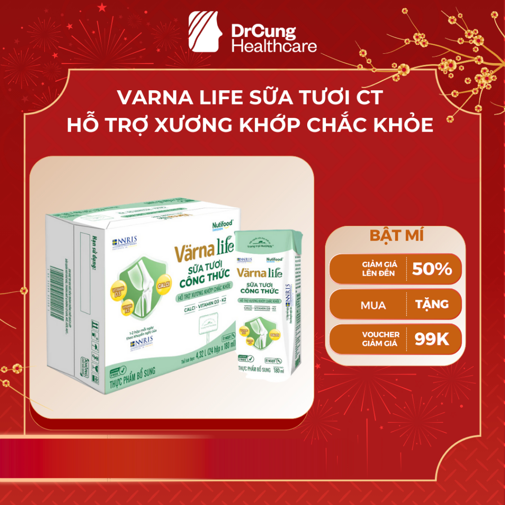 1 Thùng 24 hộp SỮA XƯƠNG KHỚP Varna Life Sữa Tươi Công Thức Hỗ Trợ Xương Khớp Chắc Khỏe (Xanh) ( 24 hộp x 180ml)