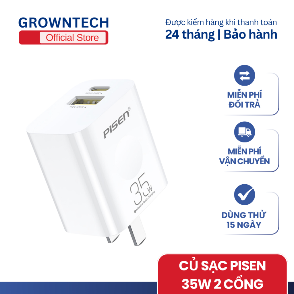 Củ Sạc Pisen 35W 2 Cổng Type C, Sạc Nhanh, Thiết Kế Nhỏ Gọn, Tương Thích Đa Thiết Bị Grown Tech