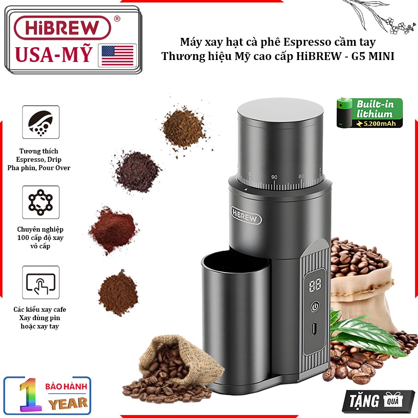 [CHÍNH HÃNG] Máy xay hạt cà phê Espresso cầm tay, dùng pin. Thương hiệu Mỹ cao cấp HiBREW - G5 MINI