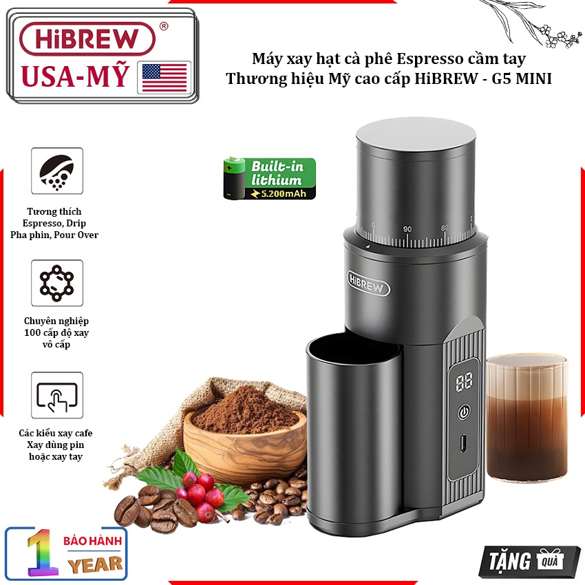Máy xay hạt cà phê Espresso cầm tay, dùng pin. Thương hiệu Mỹ cao cấp HiBREW - G5 MINI - CÔNG SUẤT 2