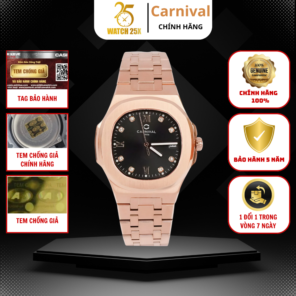 Đồng Hồ Nữ Carnival 8160L-VH-D Watch25x Dáng Nautilus - Vỏ Rose Gold Mặt Đen - Kính Sapphire
