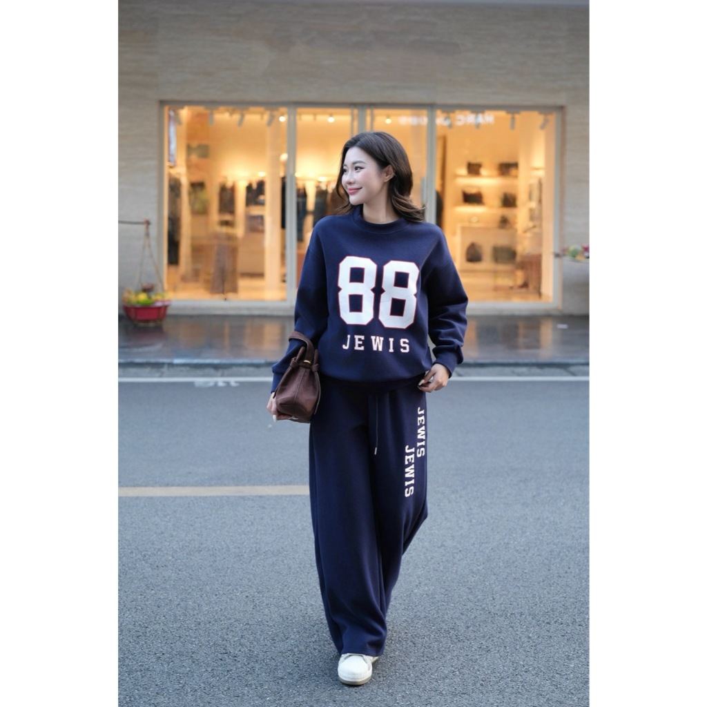 Set Nỉ Jewis In Số 88 Áo Sweater Phối Quần Suông Màu Xanh Than Phong Cách Thanh Lịch Cá Tính - J771