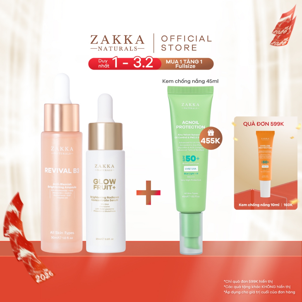 Bộ Đôi Zakka Naturals Serum Vitamin C GlowFruit+ 20ml và Serum B3 30ml Hỗ Trợ Làm Đều Màu Và Sáng Da