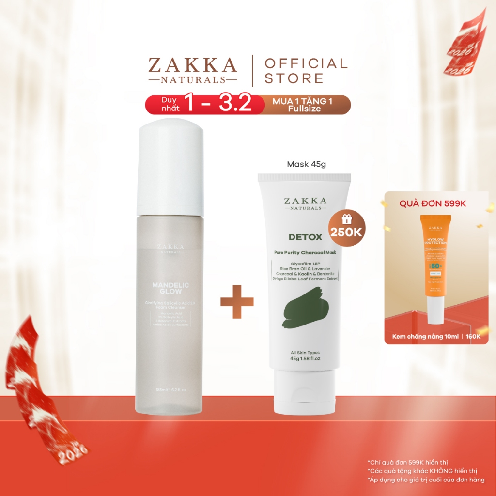 Sữa rửa mặt tạo bọt BHA, AHA Mandelic Glow Zakka Naturals 185ml