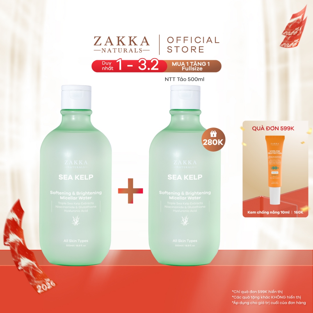 Nước tẩy trang Tảo Biển Zakka Naturals sạch mềm mịn và hỗ trợ sáng da 500ml