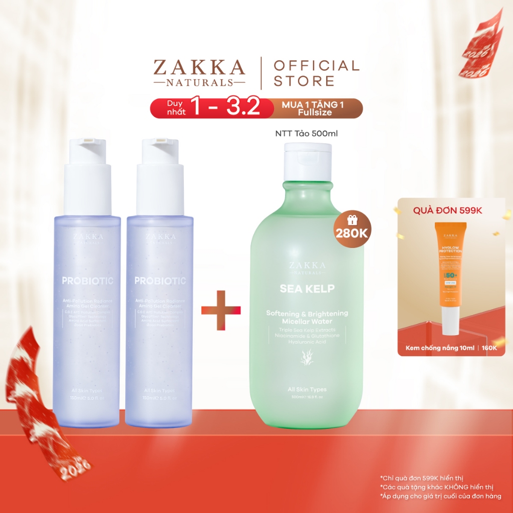 Combo 2 Gel Rửa Mặt Sạch Bụi Mịn Probiotic Anti-Pollution Radiance Amino Gel Zakka Naturals 150ml