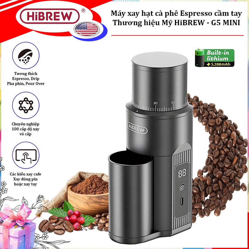 Máy xay hạt cà phê Espresso cầm tay, dùng pin. Thương hiệu Mỹ cao cấp HiBREW - G5 MINI ( CÓ SẴN )