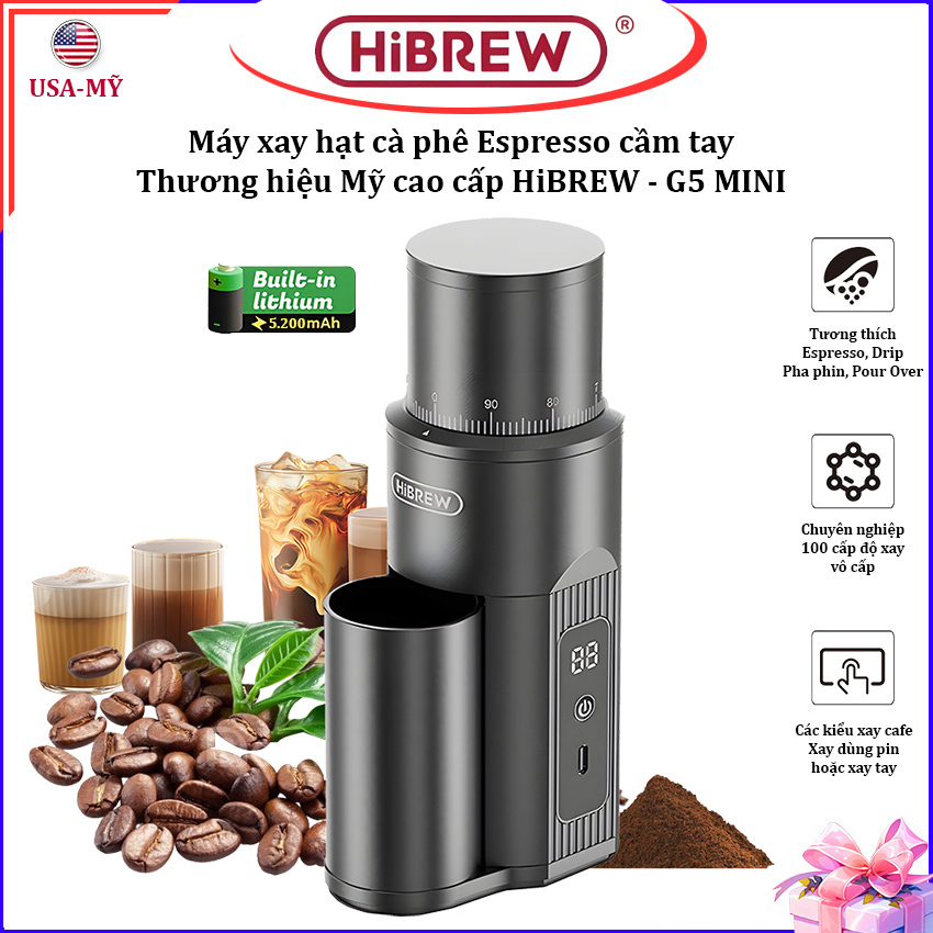 HÀNG CHÍNH HÃNG - Máy xay hạt cà phê Espresso cầm tay, dùng pin. Thương hiệu Mỹ cao cấp HiBREW - G5 