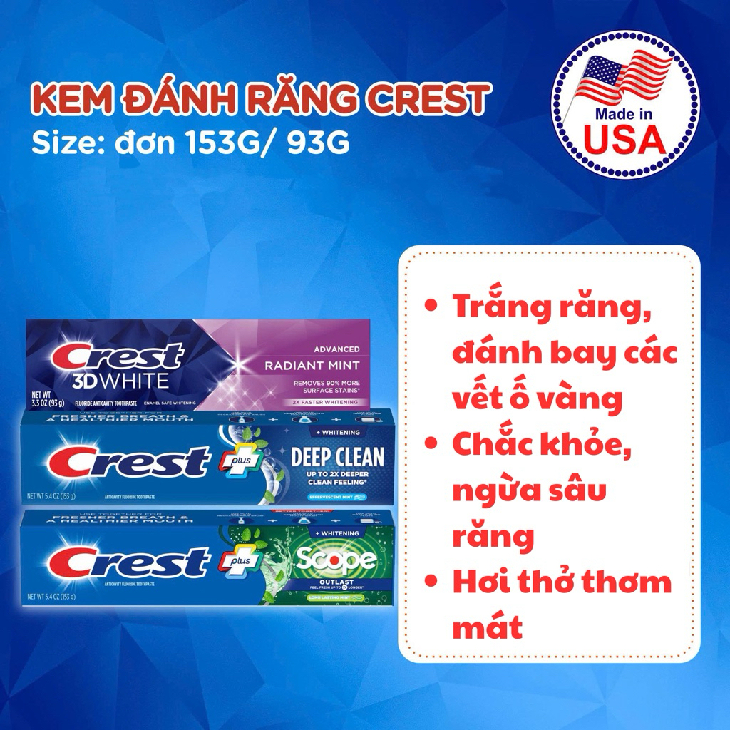 [CREST] Kem đánh răng Crest 3D White, Scope, Deep Clean (Hộp đơn, Hộp đôi) - Hỗ trợ làm trắng răng
