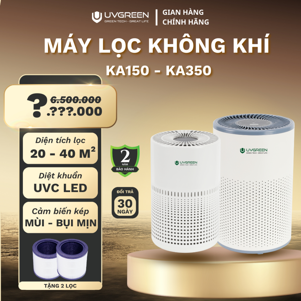 [Tặng Lọc] Combo Máy Lọc Không Khí Diệt Khuẩn UVGREEN KA350 và KA150 - Công Nghệ UVC LED, Lõi Lọc HE