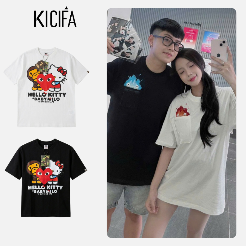 Áo Phông Rộng Unisex In Hình Bape Hello Kitty Dễ Thương Phong Cách Streetwear Local Brand Nam Nữ Đều