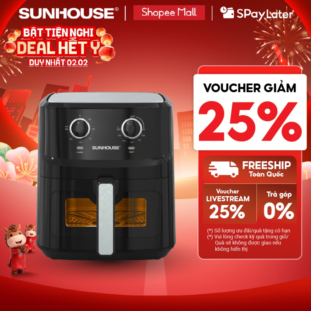 [Bản mới] Nồi chiên không dầu 6.5L SUNHOUSE SHD4030 - Công nghệ Rapid Air giảm tới 80% dầu mỡ - Khoa