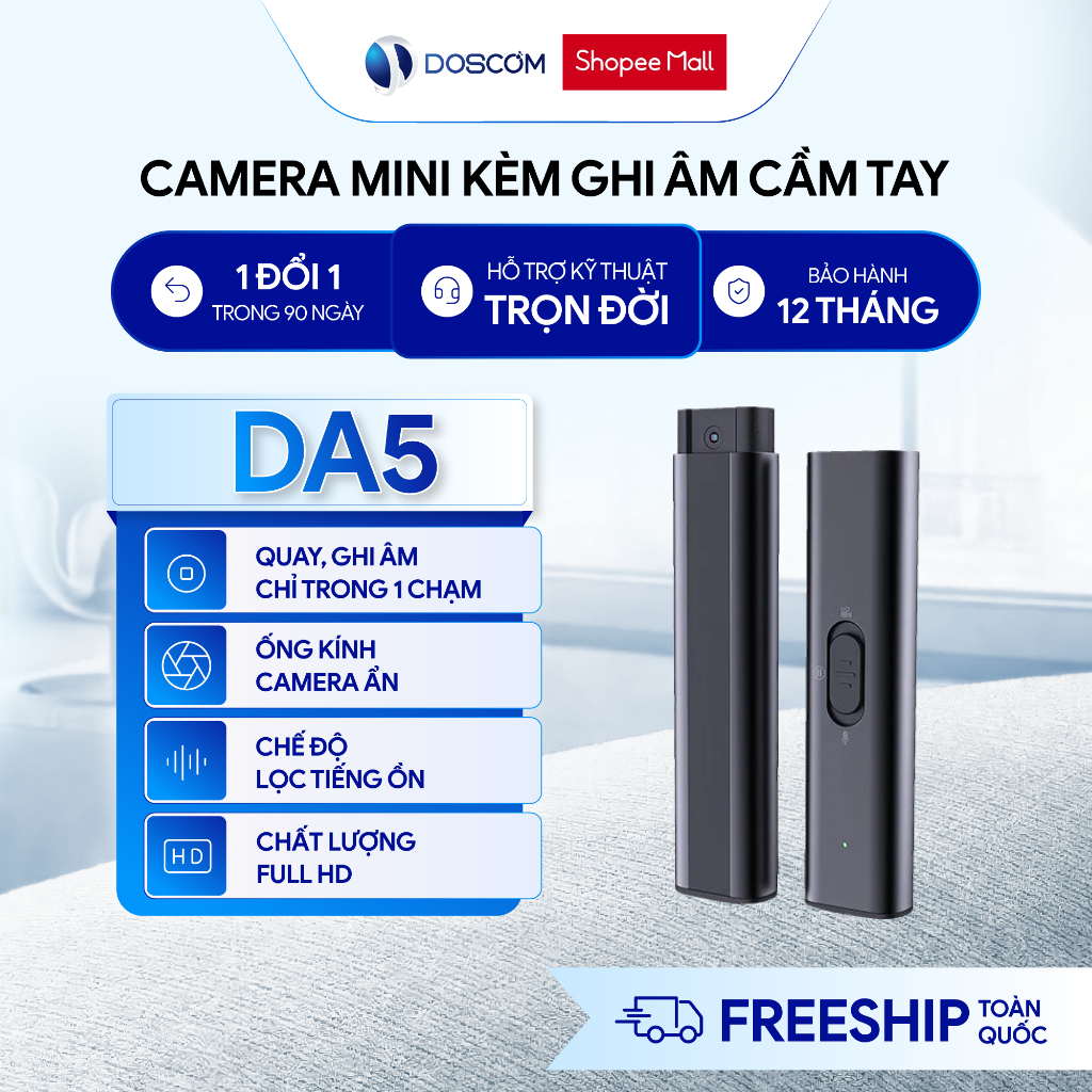 Máy ghi âm Doscom Da5 Ghi Âm và Camera Trong 1 Chạm - Hỗ Trợ Tầm Nhìn Đêm - BH 12 Tháng