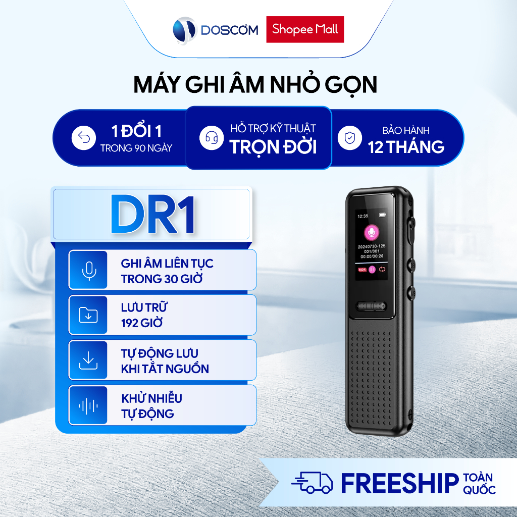 Thiết bị ghi âm mini DOSCOM DR1 - Kích thước nhỏ gọn, ghi âm 1 chạm, lọc tiếng ồn chuyên nghiệp