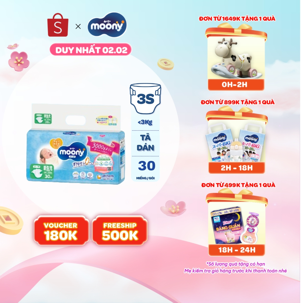 Tã dán cao cấp Moony 3S dành cho trẻ sơ sinh dưới 3 KG NB30