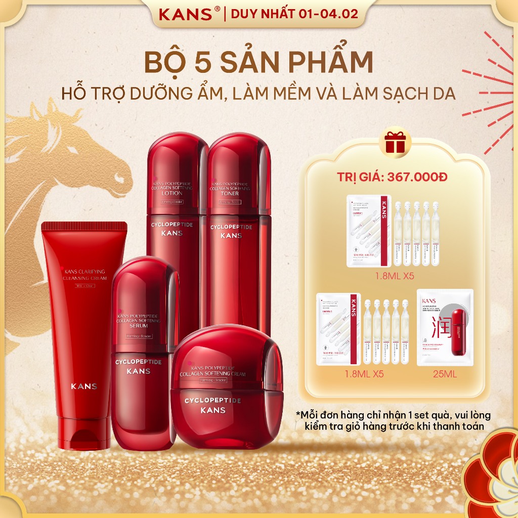 Set Bộ Dưỡng Da Mặt Kans Đỏ Chống Lão Hóa Cấp Ẩm Bổ Sung Collagen Công Nghệ Peptide Kans Chính Hãng