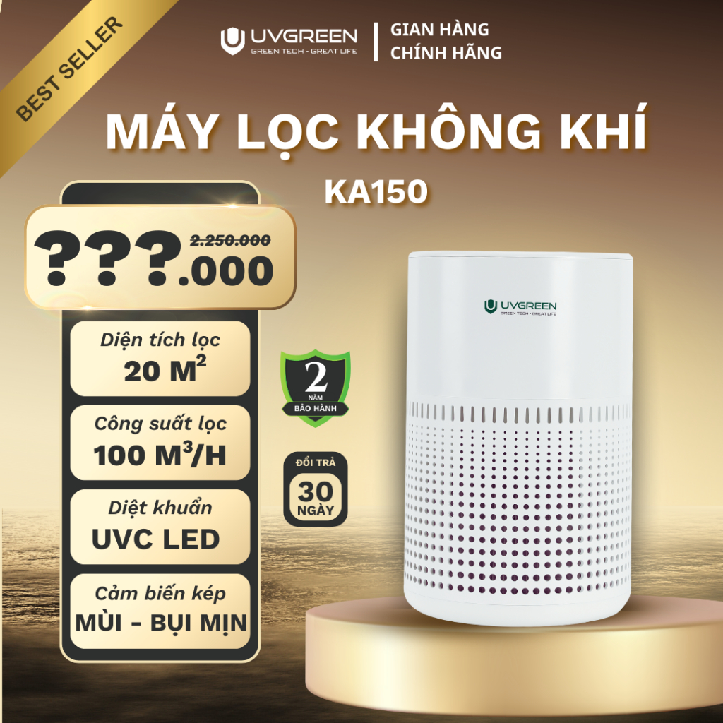 Máy Lọc Không Khí Diệt Khuẩn UVGREEN KA150-UVC LED,Tinh Dầu,Lõi Lọc HEPA H13, Bảo Hành 24T