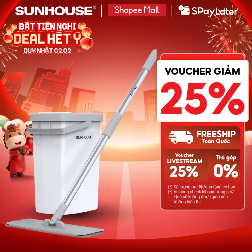 Bộ lau nhà đa năng Space Saving Sunhouse KS-CL3211PW - Gồm 1 thùng giặt, 1 cây lau -  Bảo hành 6 thá