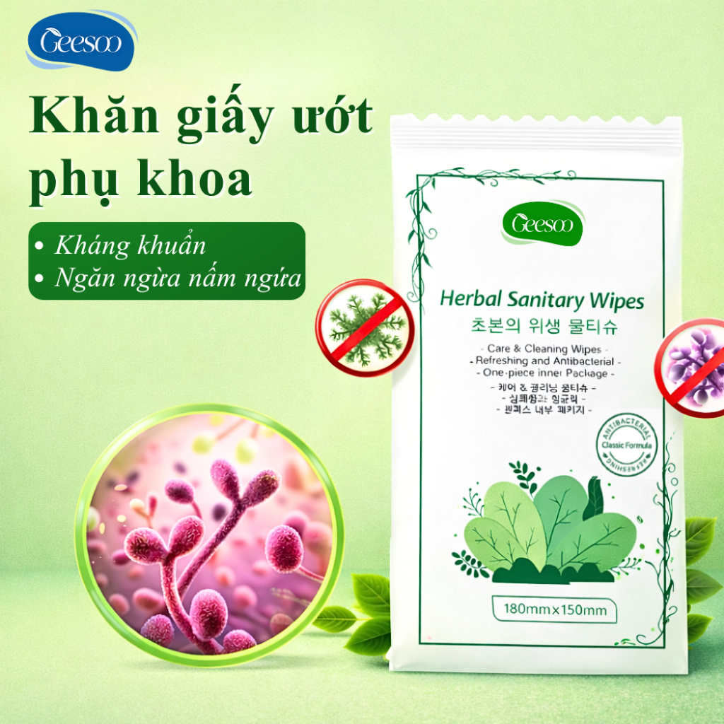 [1 Miếng] Khăn Ướt Vệ Sinh Vùng Kín Geesoo Thảo Dược – Dịu Nhẹ, Lành Tính, Dùng Hằng Ngày