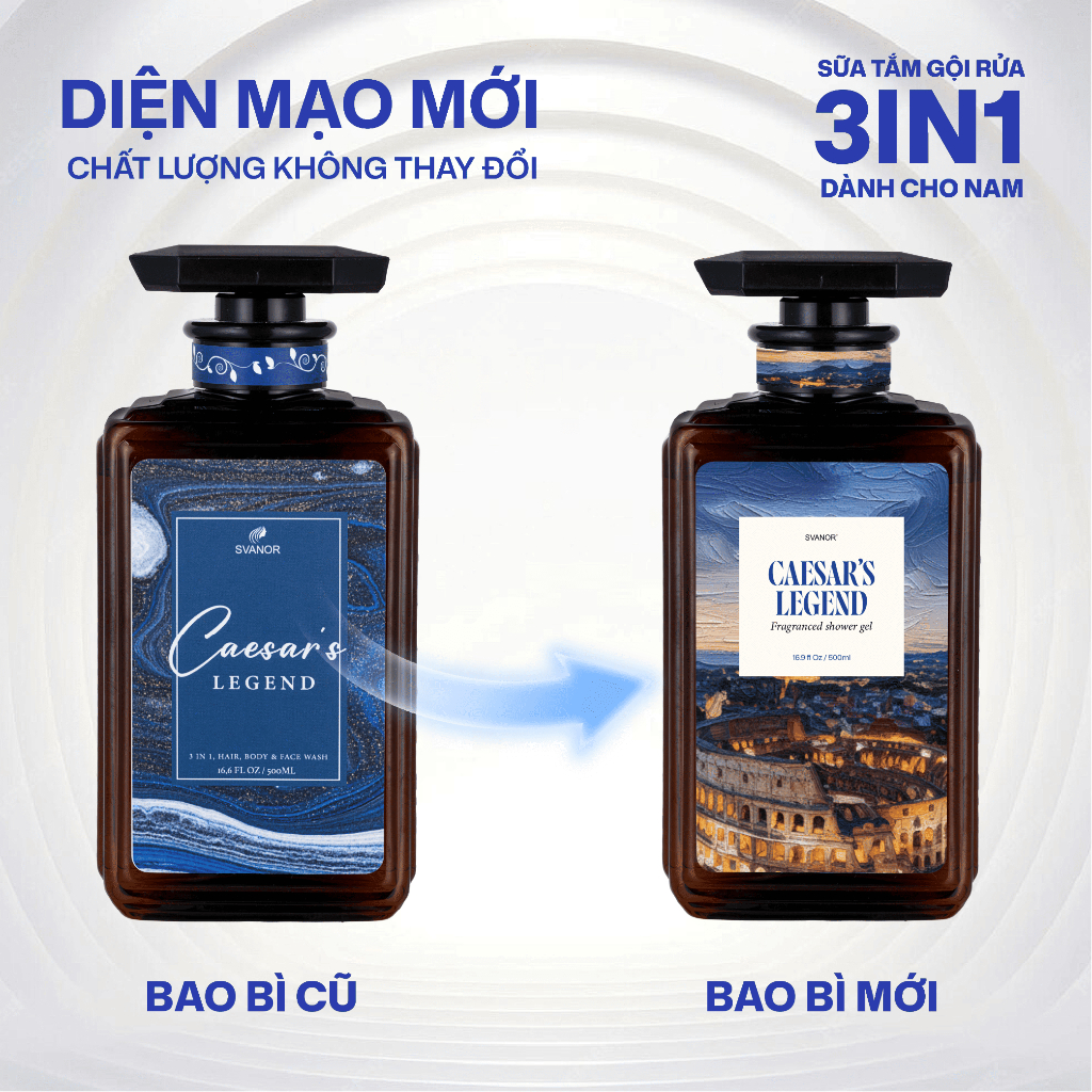 Sữa Tắm Gội Nam 3in1 Hương Nước Hoa Svanor Caesar's Legend 500ML Làm Sạch Sâu Lưu Hương 8 Giờ