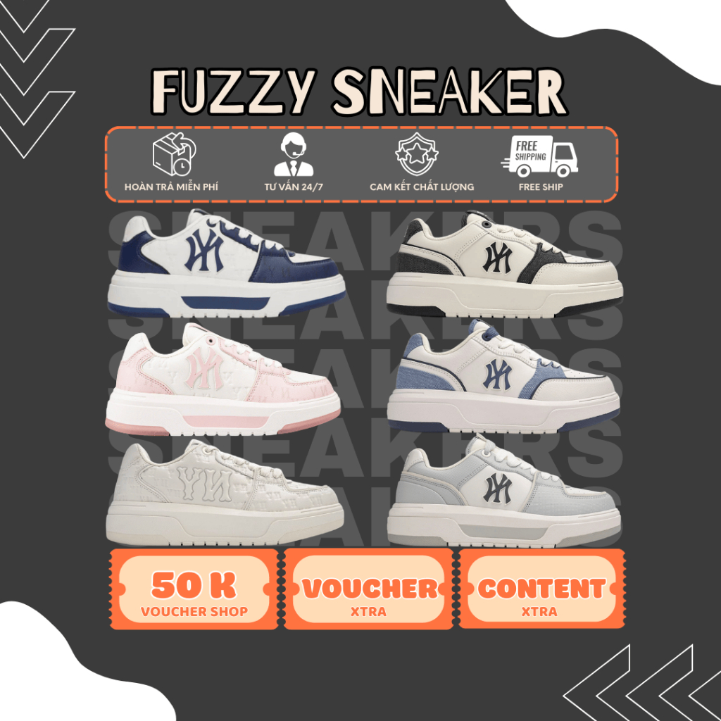 Giày MLB Chunky Liner Monogram Denim Logo NY Dập Nổi Phong Cách Hàn Quốc.