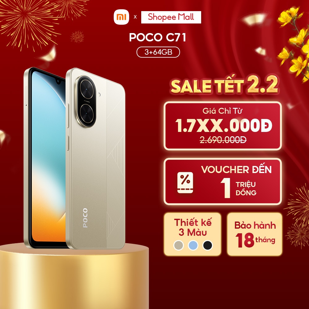 [VOUCHER 200K] Điện Thoại POCO C71 (3+64GB) | Màn 6,88" | Chip 8 nhân | Camera kép 32MP AI | Pin 520