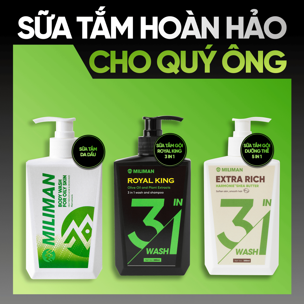 Sữa Tắm Nam 3 in 1 MILIMAN 300ml - 3 Lựa Chọn Làm Sạch An Toàn, Lành Tính Từ Thực Vật