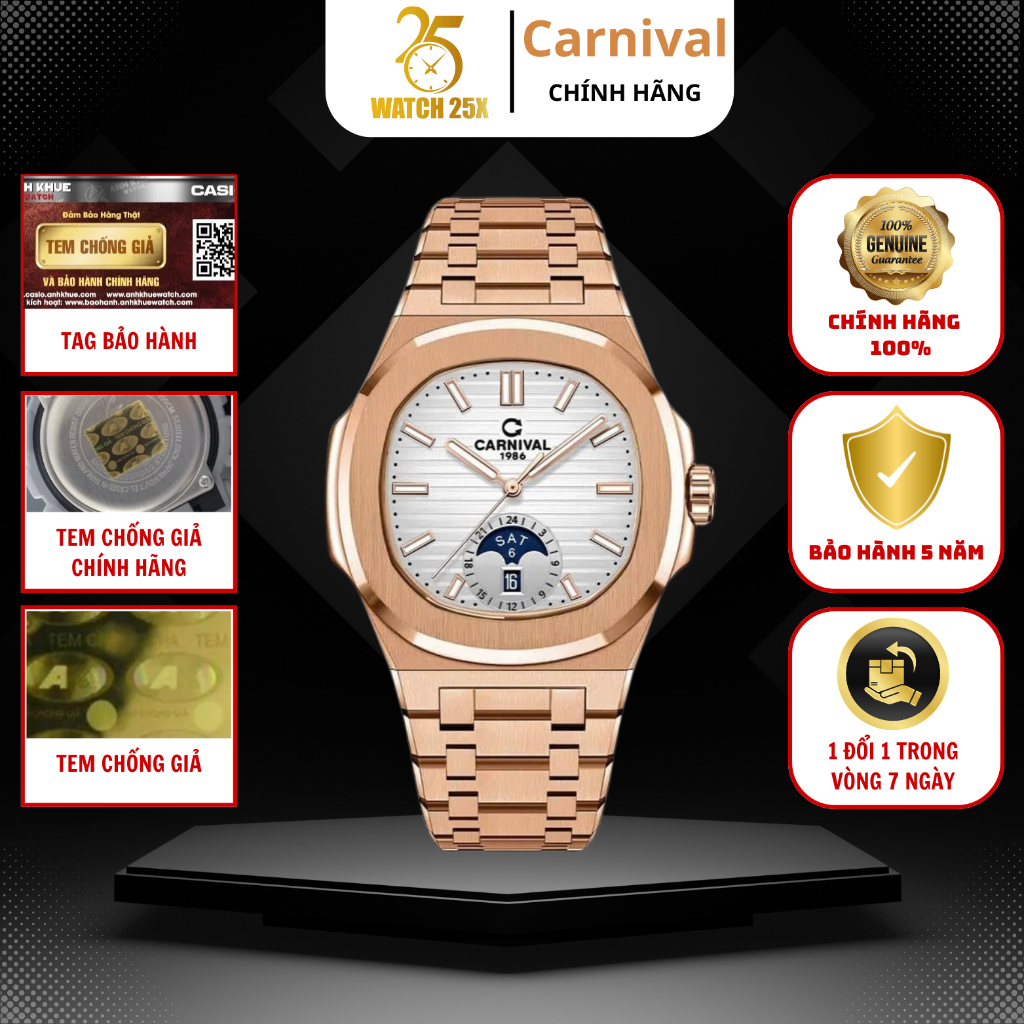 Đồng Hồ Carnival 8110G1-VH-T Nam Watch25x Dáng Bát Giác Sport Chic - Mặt Trắng Vân Ngang - Chống Nướ