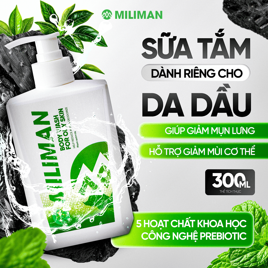 Sữa Tắm Giảm Mụn Lưng Cho Nam Da Dầu MILIMAN 300ML - Chuyên Biệt Cho Nam Da Dầu