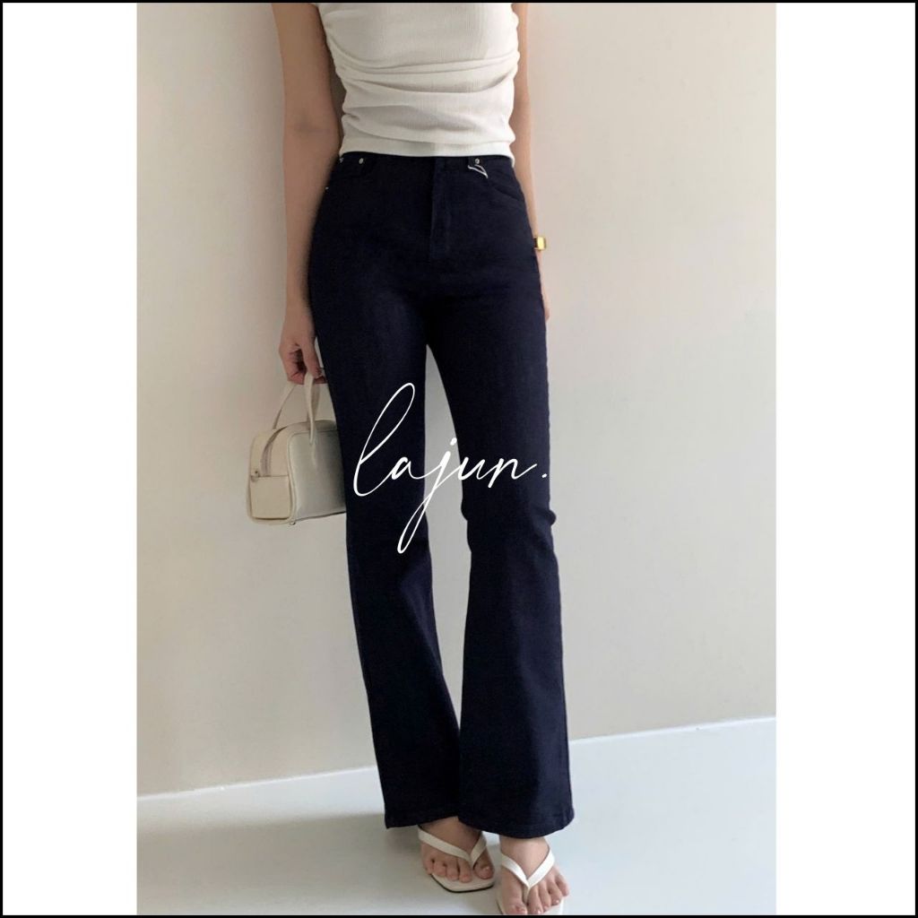 [LAJUN KOREA] Quần Jeans Navy Non-faded Form Ôm Loe Chất Liệu Co Giãn Tôn Dáng Hàn Quốc