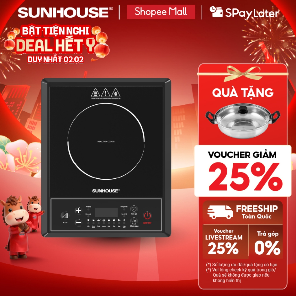 Bếp từ đơn Sunhouse SHD6154 - Công suất 2000W - 8 chế độ nấu - 10 mức nhiệt - Chế độ hẹn giờ - Bảo h