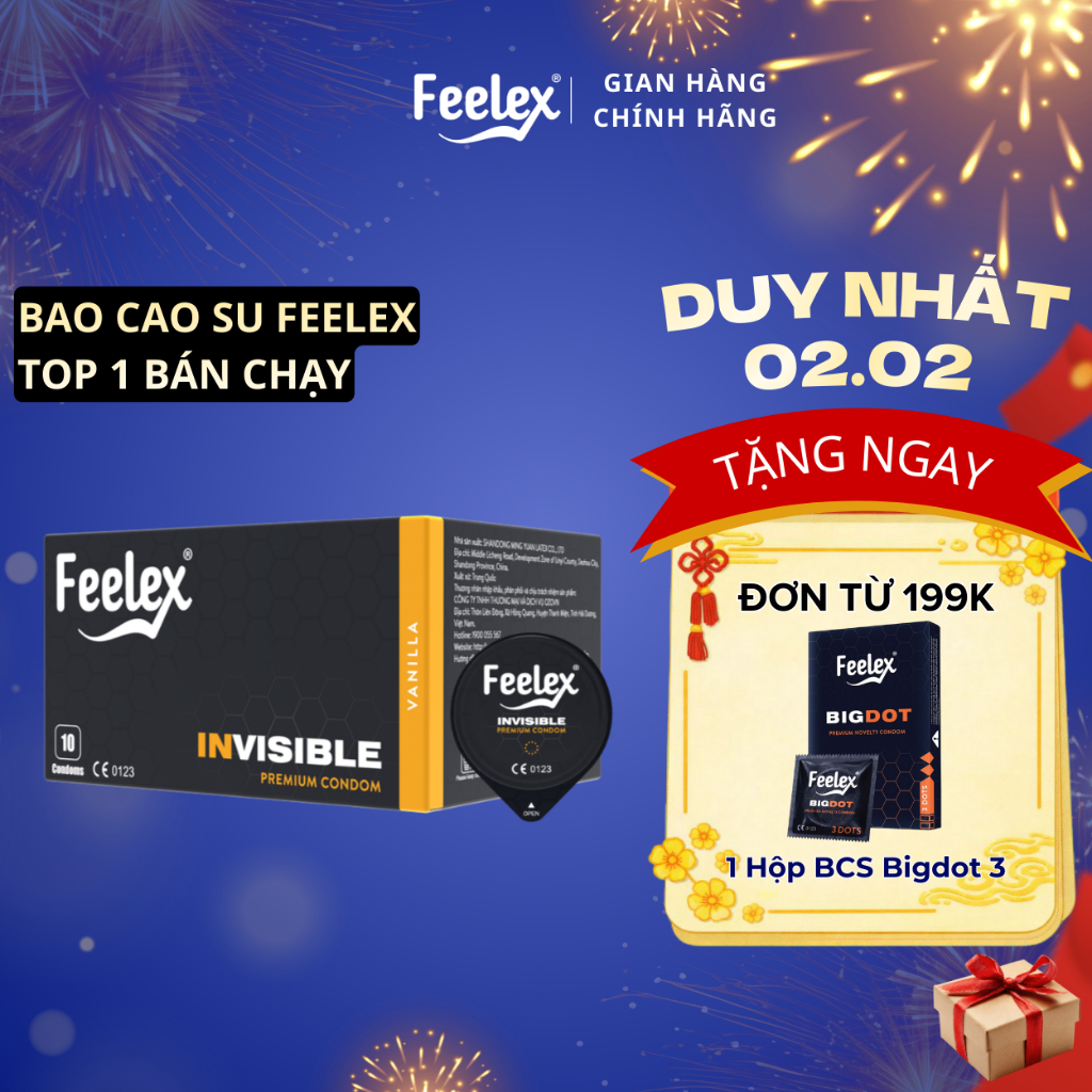 Bao cao su Feelex siêu mỏng, kéo dài thời gian, gân gai, nhiều gel bôi trơn - Hộp 10 bcs
