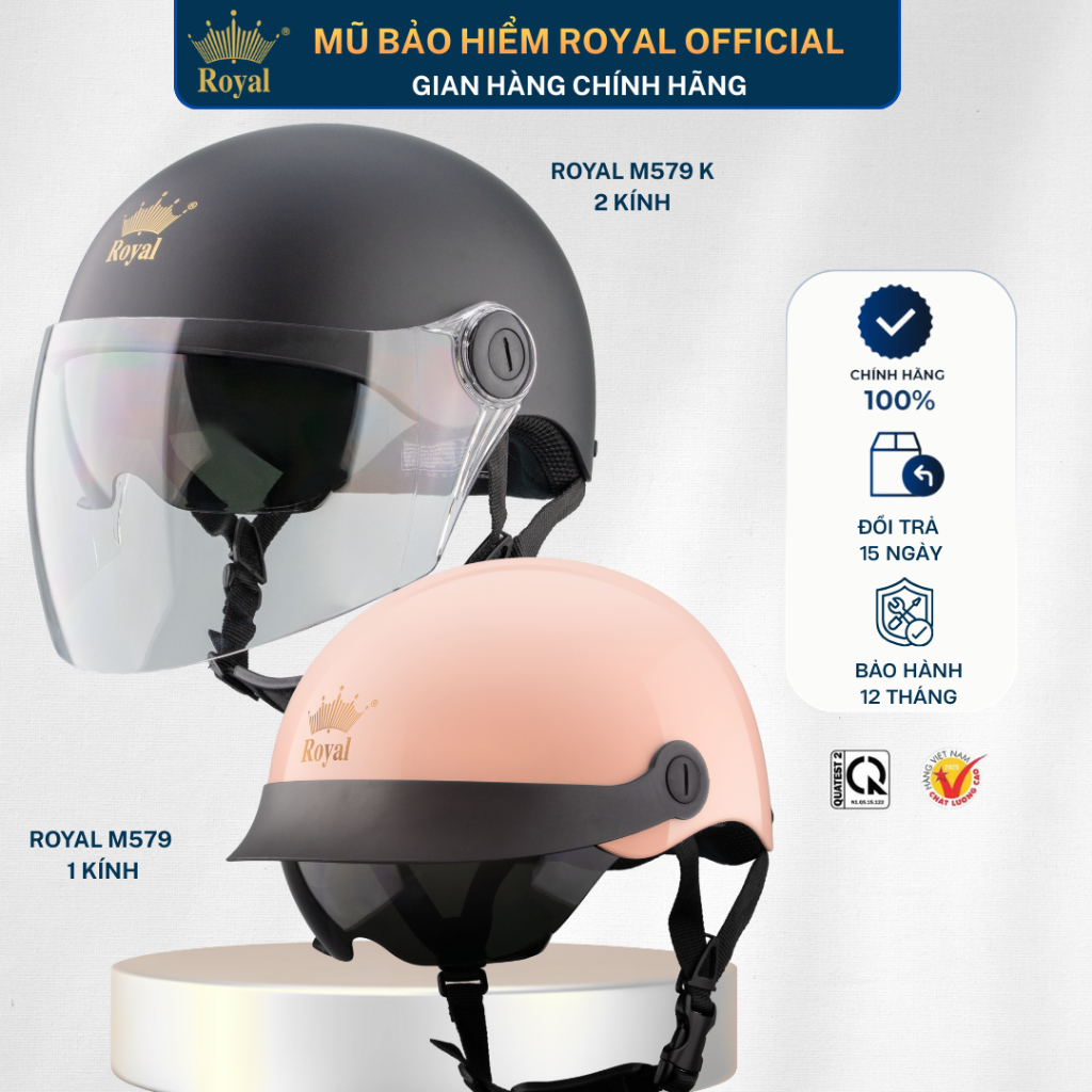 Mũ Bảo Hiểm Royal Chính Hãng M579 Cho Nam Nữ Nửa Đầu Kính Âm Kết Hợp Lưỡi Trai Tiện Lợi