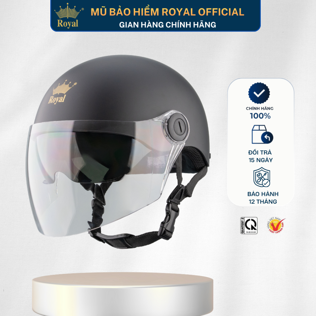 Mũ Bảo Hiểm Royal Chính Hãng M579K  Kính Dài Trắng Kính Âm Đen,  Mũ Royal 2 Kính Tiện Lợi Hợp Nam Nữ